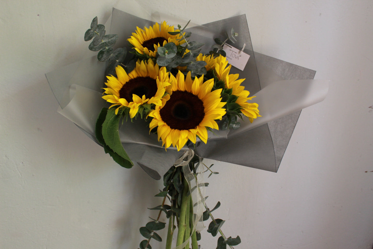 5 girasoles con follaje.